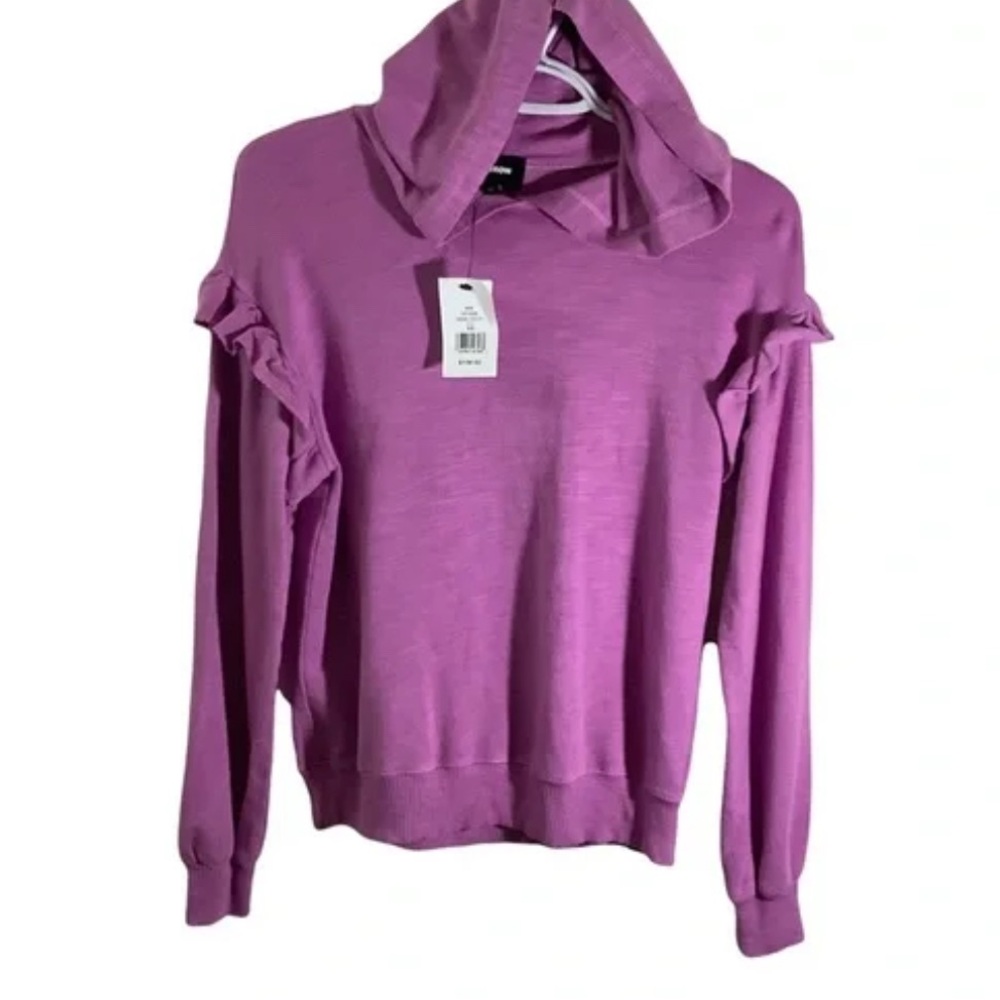 NWT Monrow Women's Ruffled Trim Hooded Sweater in violet